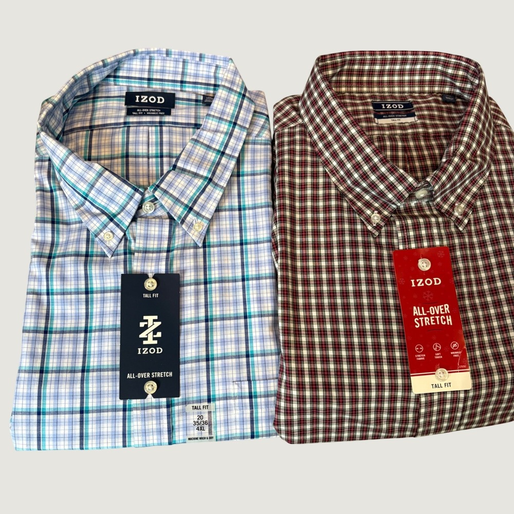 Lot of 2 IZOD Men 4XL Tall Fit Dress Shirts Stretch Wrinkle Free Plaid Red Blue